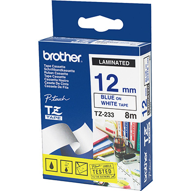 Brother TZ233 TZ-233 12mm Laminated Labelling Tape (BLUE ON WHITE)